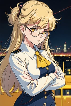 WWanime, (((retro artstyle))) ((masterpiece)) 1Girl , Solo , Perrine , upper body, portrait , photoshoot , blonde hair , glasses , yellow eyes ,, white ascot , military , uniform , black pantyhose , panties under pantyhose , buttons , looking at viewer , facing viewer , crossed arms , disdain , 1980s (style) , city background at night ,