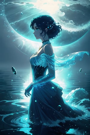 a close up of a woman in a dress standing in water, inspired by Victor Mosquera, lunar goddess, in style of charlie bowater, moon goddess, style of charlie bowater, goddess of the moon, the moon behind her, neoartcore and charlie bowater, inspired by Charlie Bowater, inspired by Sailor Moon, charlie bowater art style