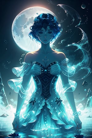 a close up of a woman in a dress standing in water, inspired by Victor Mosquera, lunar goddess, in style of charlie bowater, moon goddess, style of charlie bowater, goddess of the moon, the moon behind her, neoartcore and charlie bowater, inspired by Charlie Bowater, inspired by Sailor Moon, charlie bowater art style