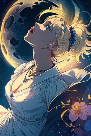 (masterpiece, best quality:1.2), intricate detail, 1girl, celes chere, mouth open, looking up, night sky, full moon, on top of castle, full body, one hand high up, the other hand on chest, blonde high ponytail, blue ribbon, white gorgeous dress, necklace, accessory, medival,