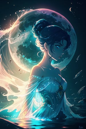 a close up of a woman in a dress standing in water, inspired by Victor Mosquera, lunar goddess, in style of charlie bowater, moon goddess, style of charlie bowater, goddess of the moon, the moon behind her, neoartcore and charlie bowater, inspired by Charlie Bowater, inspired by Sailor Moon, charlie bowater art style