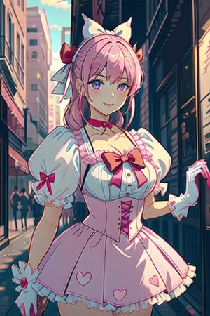 (Masterpiece,Best Quality, Detailed), 1girl, 独奏, Cowboy shot, exteriors, Street, Smile, parted lips, em, magical girl, pink gloves, pink skirt, hair ornament, Pink Bow, white choker, red ribbon, Heart-shaped neckline, brooch, White Thighs, puffy sleeves, faye valentine,