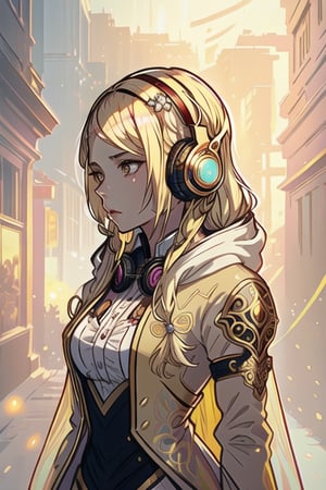 snthwve style nvinkpunk (symmetry:1.1) (portrait of floral:1.05) a photo of young (woman:1.5) with long transparent coat, (headphones:1.3), (blonde hair:1.5), (assassins creed style:0.8), pink and gold and opal color scheme, beautiful intricate filegrid facepaint, intricate, elegant, highly detailed, digital painting, artstation, concept art, smooth, sharp focus, illustration, art by greg rutkowski and alphonse mucha, 8k, theprince