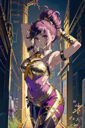 mistoon anime, girl, (illustration:1.3), Fantasy,Cemetery,Muscular,Very Small Breasts,Stretching Legs,Medium Hair,Pompadour,(gold Tieup Top,fuchsia Leggings:1.3),nijisanji,Fall Clothes ,(masterpiece,detailed,highres:1.4)