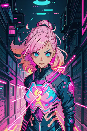 a woman with pink hair and a pink arrow in her hand, jen bartel, inspired by Victor Mosquera, cyberpunk art style, artwork in the style of guweiz, moebius + loish + wlop, neonpunk, dark cyberpunk illustration, beeple and james jean, stunning digital illustration, laurie greasley and james jean, glowwave girl portrait
