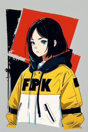 masterpiece, good quality, typography, 1girl, upper body, raincoat, flat clolor, (pop art, cyber:0.5), simple background, (distorted, deformed:0.4)