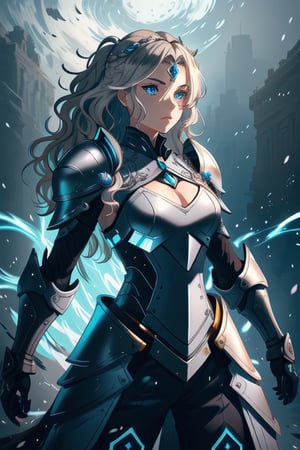 ultra detailed digital art, clean, a portrait of a beautiful woman, standing, goddess, LnF, a woman in an armor with feathers , wearing LnF, power stance, ornate, glow, photogenic, pretty face, grey-blue eyes, dark blonde hair, wavy hair, flat chest,