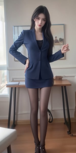 Li Ling
Clothing: dark blue suit skirt, black lace underwear, black pantyhose, strappy high heels