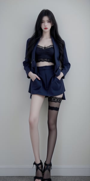 Li Ling
Clothing: dark blue suit skirt, black lace underwear, black pantyhose, strappy high heels