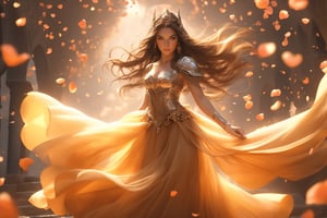 (extremely beautiful young girl),  ((surrounded by floating petal)),  blue eyes,  brown long hair,    full body,  small breasts,  (loose tulle crop top:1.4),  sandals, 
(masterpiece,  best quality,  high resolution,  intricate detail,  extreme detailed:1.3),Dwarven City,Underground,girl,Magical Fantasy style,Cave