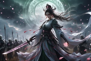 (magic girl wearing white Hanfu), earrings, falling petals, hair ornament, holding weapon, jewelry, petals, haunting,(Countless Skeleton Soldiers and Knight Wars), die, corpse, bleeding, fantasy, light particles, (prairie background), (eerie sky), sword
(masterpiece, best quality, high resolution, intricate detail, extreme detailed:1.3),more detail XL,DonMD34thM4g1cXL