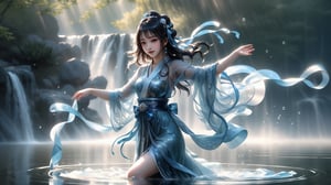 A girl in water dancing, full body, perfect female body,  exquisite chinese clothes, flowing transparent ribbon, bare feet, lake, sunlight, ripple, inverted image,  foggy,  water splash,  black medium long hair,  outdoor,  chinese artstyle, ray tracing,  reflection light,  full color,  Intricate detail,  photorealistic,  ultra detailed, high level of detail, best quality, masterpiece, ,chibi
