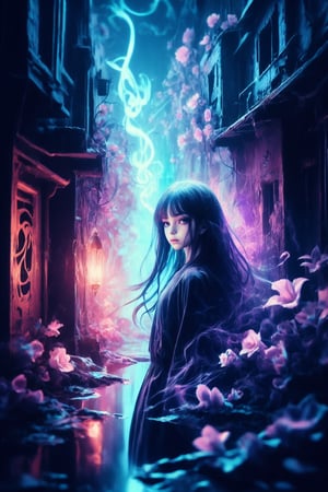 The girl is a translucent phantom made of smoke.
silver neon light, delicate face, long hair, heterochromia, reflection light, alley, twisted and bent floral patterns, hieroglyph, glitch art, 
,donmcr33pyn1ghtm4r3xl  