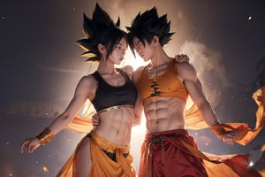 (girl fights boy).
(girl wearing dunhuang_cloths, black hair), 
(boy is a Super Saiyan, abdominal muscle)