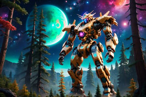 (delicate, masterpiece, colourful, finely detailed, intricate details:1.4),  Unreal Engine,  majestic,  night,  starry sky,  forest,  robot,  soft colors,  technology style,  giant planet background, sdxl ,mecha