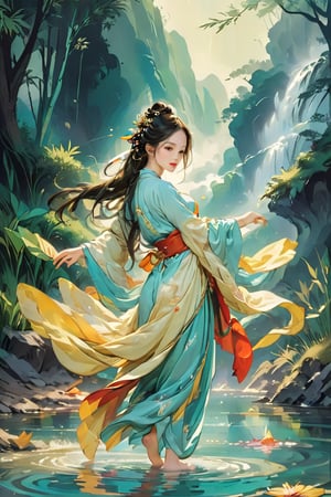 (a girl dance on the stream:1.4), hanfu, floating long hair, dynamic stance, bare feet, bamboo forest, waterfall, creek, waves, ripple,
