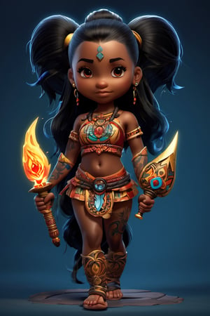 3D style,(masterpiece, best_quality, ultra-detailed:1.3), epic, illustration, 3d render, 1girl, cute, solo, barefoot, midriff, totem, tattoo, holding mace,  long black hair, high ponytail, dark skin,