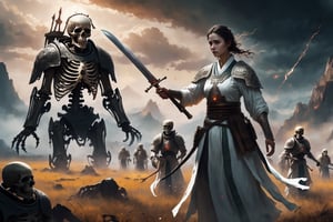 (A girl wearing white Hanfu commands the skeleton army to fight with the humans), magic circle, magic, magical energy, epic war, (numerous skeleton soldier),  (numerous knights), die, corpse, bleeding, fantasy, light particles, (prairie background), (eerie sky),
(masterpiece, best quality, high resolution, intricate detail, extreme detailed:1.3),more detail XL,DonMD34thM4g1cXL