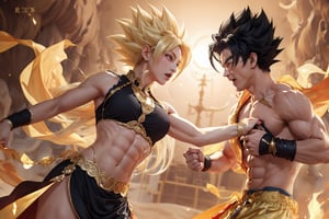 (girl fights boy).
(girl is black hair, wearing dunhuang_cloths, medium breasts, dress), 
(boy is a Super Saiyan, abdominal muscle, gold hair, no clothes),