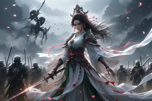 (magic girl wearing white Hanfu), earrings, falling petals, hair ornament, holding weapon, jewelry, petals, sheath, haunting,(Countless Skeleton Soldiers and Knight Wars), die, corpse, bleeding, fantasy, light particles, (prairie background), (eerie sky), sword
(masterpiece, best quality, high resolution, intricate detail, extreme detailed:1.3),more detail XL,DonMD34thM4g1cXL