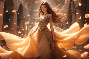 (extremely beautiful young girl),  ((surrounded by floating petal)),  blue eyes,  brown long hair,    full body,  small breasts,  (loose tulle crop top:1.4),  sandals, 
(masterpiece,  best quality,  high resolution,  intricate detail,  extreme detailed:1.3),Dwarven City,Underground,girl,Magical Fantasy style,Cave
