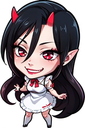 full body,  (maid:1.1),  (maid:1.1), cute, (NICE pose:1.1)  (chibi style:1.3), colorful style, (big head:1), (chubby body :1), tinny body full body, cute, expressive face with an, evil smile, (evil smil:1.1) (masterpice),(masterpice), (WHITE BACKGROUND:1.3), best quality, beautiful face and eyes, 8k,  best quality, high quality, Highest picture quality, maid, (Detailed eyes description),(full_body),1girl,maid_uniform, (chibi:1.6), (black hair:1.6), ,maid  cosplay,frills,hanman\(yuemu\),chibi,Shadman  ,Devilgirl