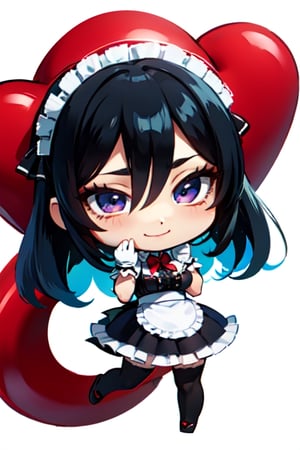 full body,  (maid:1.1),  (maid:1.1), cute, (NICE pose:1.1)  (chibi style:1.3), colorful style, (big head:1), (chubby body :1), tinny body full body, cute, expressive face with an, evil smile, (evil smil:1.1) (masterpice),(masterpice), (WHITE BACKGROUND:1.3), best quality, beautiful face and eyes, 8k,  best quality, high quality, Highest picture quality, maid, (Detailed eyes description),(full_body),1girl,maid_uniform, (chibi:1.6), (black hair:1.6), ,maid  cosplay,frills,hanman\(yuemu\),chibi,Shadman  