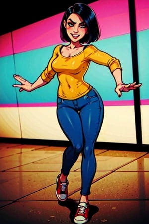 woman of exuberant beauty, with great attributes posing sensually for the camera, full body, black hair with a shaved side hairstyle, with a leering look, and suggestive smile  wearing casual clothes,  (casual clothes:1.1),Shadman  