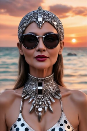 The image is a portrait of a person with stylized features. Woman wears and wears black dots on her head, in the style of futuristic fantasy, 3D, metal sculpture, elegant, emotional faces, burgundy and gray colors, necklace made of silver, her eyes wear futuristic sunglasses algorithmic artistry, high resolution. The background is blurred with hints of sunset and sea tones that serve to highlight the object without being distracted by intricate details of the decorations and makeup. ,1girl,Supreme. Gypsy, 50 years old, modern, my type, on the beach 