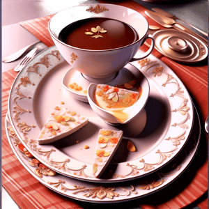 at the window on the table, covered with red tablecloth - porcelain cup, on the plate a thin white napkin