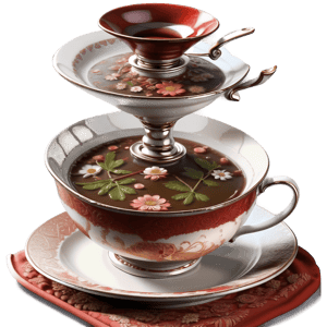 near the window on a table covered with a red tablecloth are a porcelain teapot, a cup on a saucer empty, a samovar, a bouquet of flowers in a crystal vase