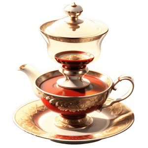 near the window on a table covered with a red tablecloth are a porcelain teapot, a cup on a saucer empty, a samovar, a bouquet of flowers in a crystal vase