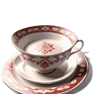 at the window on the table, covered with red tablecloth - porcelain cup, on the plate a thin white napkin