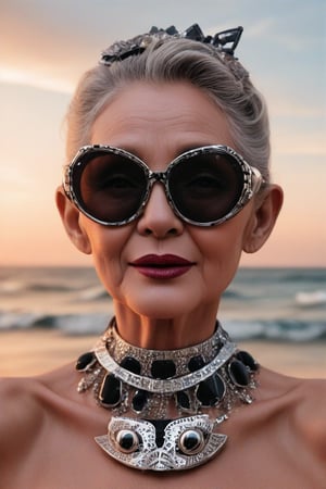 The image is a portrait of a person with stylized features. Woman wears and wears black dots on her head, in the style of futuristic fantasy, 3D, metal sculpture, elegant, emotional faces, burgundy and gray colors, necklace made of silver, her eyes wear futuristic sunglasses algorithmic artistry, high resolution. The background is blurred with hints of sunset and sea tones that serve to highlight the object without being distracted by intricate details of the decorations and makeup. ,1girl,Supreme. Gypsy, 50 years old, modern, my type, on the beach 