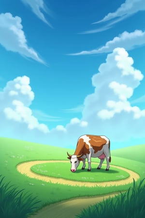 a cow grazing in a crop circle, green grass, deep blue sky with white fluffy clouds —ar 2:3 —stylize 250 —v 6.1