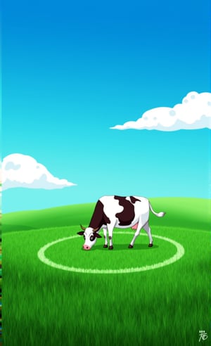 a cow grazing in a crop circle, green grass, deep blue sky with white fluffy clouds —ar 2:3 —stylize 250 —v 6.1