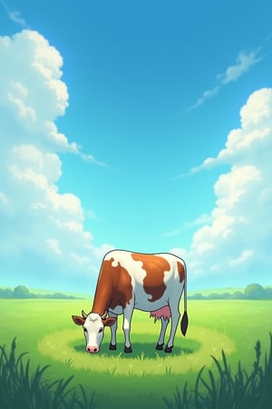 a cow grazing in a crop circle, green grass, deep blue sky with white fluffy clouds —ar 2:3 —stylize 250 —v 6.1