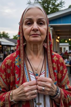 Rain, SHIU, female 63 years old Russia Woman 63 years old in the national costume of gypsies, necklaces, rings, bracelets, against the background of the marketplace