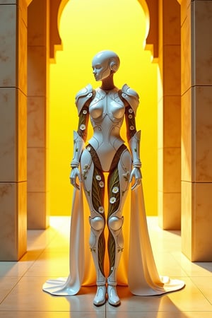 In this mesmerizing image, an enlarged view shows a harmonious blend of classic elegance and modern innovation. Beneath the smooth porcelain surface, an intricate network of tree-like branches replaces traditional wires and pipes, artfully connecting beautifully designed armor components. This fusion of timeless art and visionary architecture is brought to life through a meticulously crafted exoskeleton inspired by the armor of ancient civilizations, but reimagined in a modern modular style. At the center stands an imposing figure draped in a sharp and sleek geometric exosuit that blends seamlessly into the architectural surroundings. The costume is decorated with delicate floral prints echoing delicate classical motifs including laurel wreaths, curls and stylized floral patterns. Daisy flowers create the pattern, adding a natural touch. The exterior of the exosuit is decorated with angular, interlocking panels that form an exoskeletal structure. A bright yellow background illuminated by a single light source casting dramatic, exaggerated shadows.


