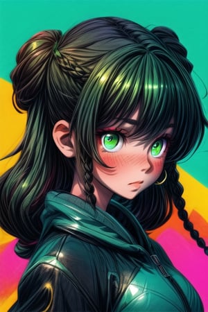 1 girl, black hair, long hair, curly hair, hair braided in two pigtails, green eyes, (iridescent color: green, blue, yellow), sparkles in the eyes, blush, inspiration, dream, hope, desire

