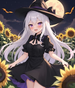 1girl, (sparkle effect:0.5), white hair, ((long hair)), blush, purple eyes, ((sunflowers)), fangs, ((night)), full moon, (pumpkins), halloween atmosphere, ((black-purple white hat)), purple-black bress