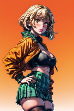 (Ashley Graham), female, standing, short blonde bob hair, long bangs on the left, brown eyes, orange sweater, green plaid skirt, black stockings, orange jacket, plump pink lips, blush

