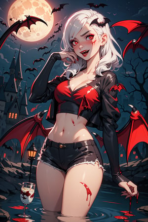 realistic, 1girl, (vampire girl:1.4), white hair, (red eyes), glowing eyes, slit pupils, (blood, blood splatter), crop top, cleavage, short shorts, collarbone, parted lips, fangs, makeup, blush, night, reflection, full moon, moonlight, rose, castle, shadow, darkness, bat \(animal\),
