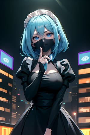 (frontal view, facing viewer:1.2), centered, masterpiece, face portrait, | 1girl, solo, aqua hair color, short hairstyle, light blue eyes, | (neon wireless headphones headset:1.2), (black neon futuristic mouth mask:1.2), dark blue hoodie, | futuristic city lights, sunset, buildings, urban scenery, neon lights | bokeh, depth of field,Mega Milkers,nm1,fate/stay background,yorha no. 2 type b, headphones around neck,RedHoodWaifu,long skirt,maid cosplay