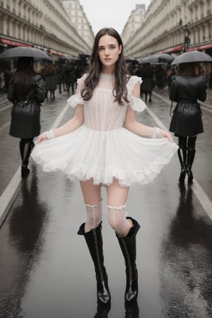 photography , beautiful detailed face, blue eyes, small lips, high cheek bones, holding flowers out to camera, brown plaited hair, small breasts, masterpiece, wet hair, in heavy rain, long flowing white dress, black thigh high boots, white fishnet stockings and suspenders , walking down a busy paris street, from below, from below, ,JenniferConnelly