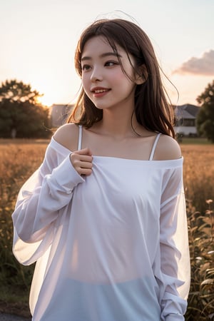 masterpiece, best quality, movie still, 1 cute girl, cloud girl, floating in the sky, close-up, bright, happy, warm soft lighting, sunset, (sparks:0.7),off shoulder Oversized sheer shirt,