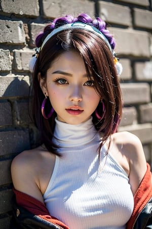 (Masterpiece, Excellent, 1girl, solo, complex details, chromatic aberration), realism, ((medium breath)), off-the-shoulder, big breasts, sexy, Yae Miko, long purple hair, blue headdress, red highlight, hair above one eye, purple eyes, earrings, sharp eyes, perfectly symmetrical figure, choker, neon shirt, open jacket, turtleneck sweater, against the wall, brick wall, graffiti, dim lighting, alley, looking at the audience, ((mean, seductive, charming))