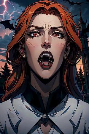 castlevania style, Eleanor, red hair, facial portrait, sexy stare, screaming, fangs, top of castle, bats, cloudy sky, lightning, cemetery below, forest, 