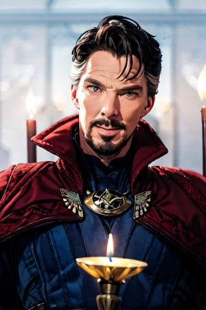 stephen_strange, facial portrait, sexy stare, smirked, inside temple, candlelights, monks, from behind 