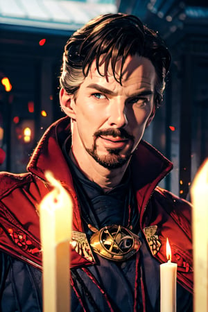 stephen_strange, facial portrait, sexy stare, smirked, inside temple, candlelights, monks, 